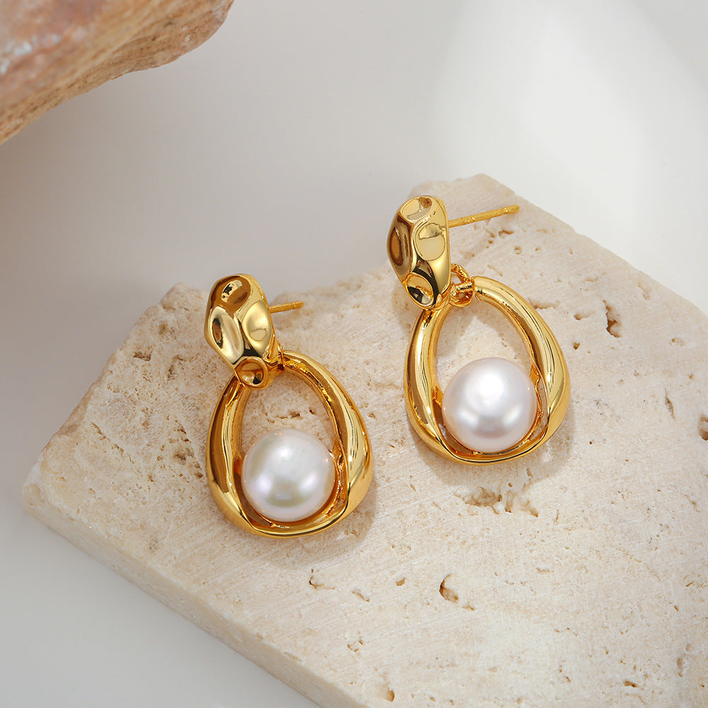 French Entry Lux Metal Pearl Ball Earrings