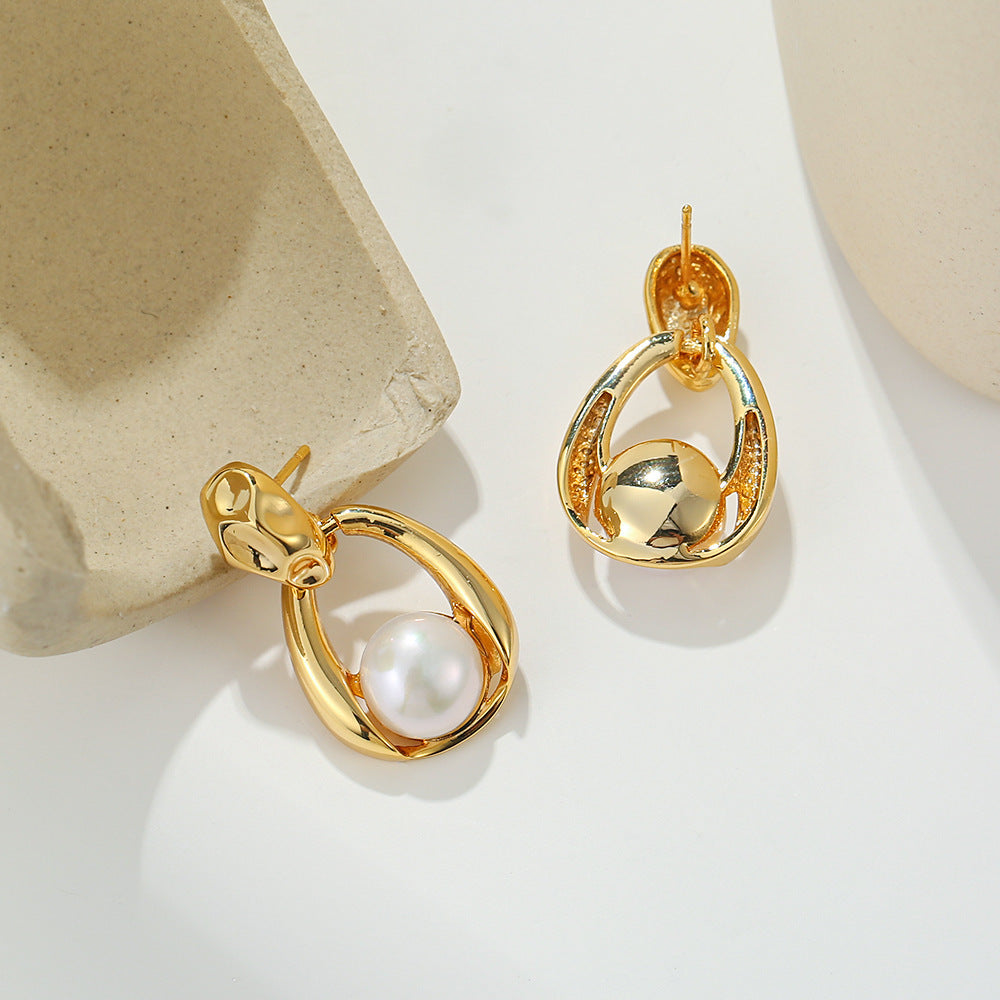 French Entry Lux Metal Pearl Ball Earrings