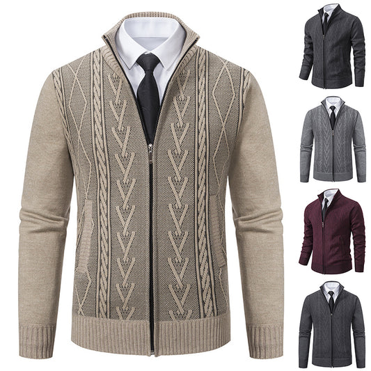 Men’s Stand-Up Collar Zip-Up Jacquard Knit Cardigan